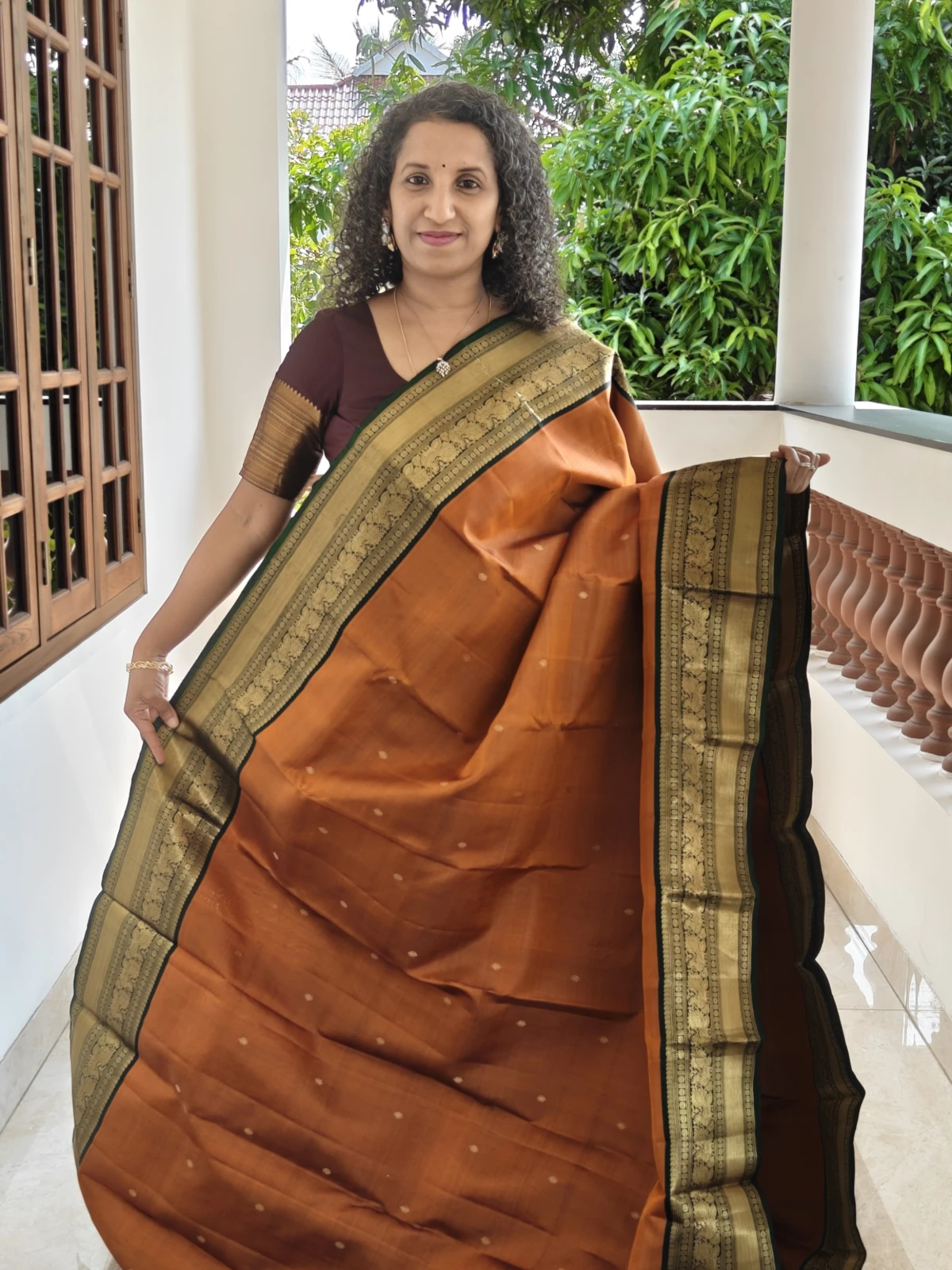 Pure Kanchipuram Silk Saree Burnt Orange and Green Silk Mark Certified